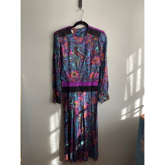 Raoul Dresses & Skirts - Vintage Raoul Colorful Geometric 80s 90s Leather Rayon Midi Dress Size 8